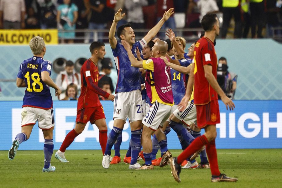 Japan's Maya Yoshida celebrates with teammates after the match against Spain as Japan qualify for the knockout stages FIFA World Cup Qatar 2022 on December 1, 2022 — Reuters photo