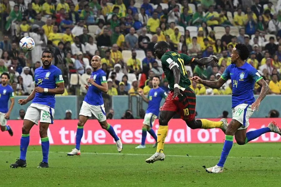 Soccer Football - FIFA World Cup Qatar 2022 - Group G - Cameroon v Brazil - Lusail Stadium, Lusail, Qatar - December 2, 2022 Cameroon's Vincent Aboubakar scores their first goal REUTERS