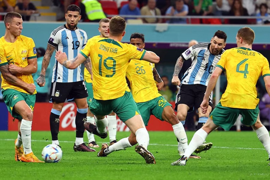 Football - FIFA World Cup Qatar 2022 - Round of 16 - Argentina v Australia - Ahmad bin Ali Stadium, Al Rayyan, Qatar - December 3, 2022 Argentina's Lionel Messi scores their first goal.REUTERS