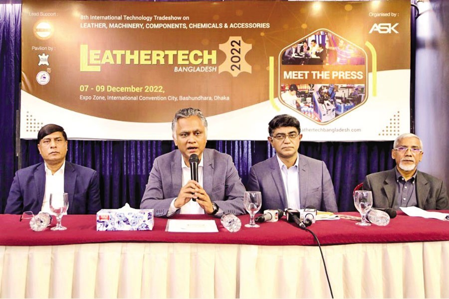 Syed Nasim Manzur, president of Leathergoods and Footwear Manufacturers & Exports Association of Bangladesh (LFMEAB), speaks at a press conference on an exhibition titled 'Leathertech Bangladesh 2022' at a city hotel on Monday. The three-day exhibition will begin at the International Convention City Bashundhara on Wednesday.