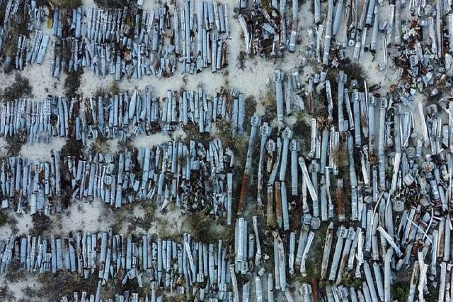 A view shows remains of MLRS shells used by Russian troops for military strikes of the city and collected by sappers in Kharkiv, Ukraine November 29, 2022. REUTERS/Vitalii Hnidyi