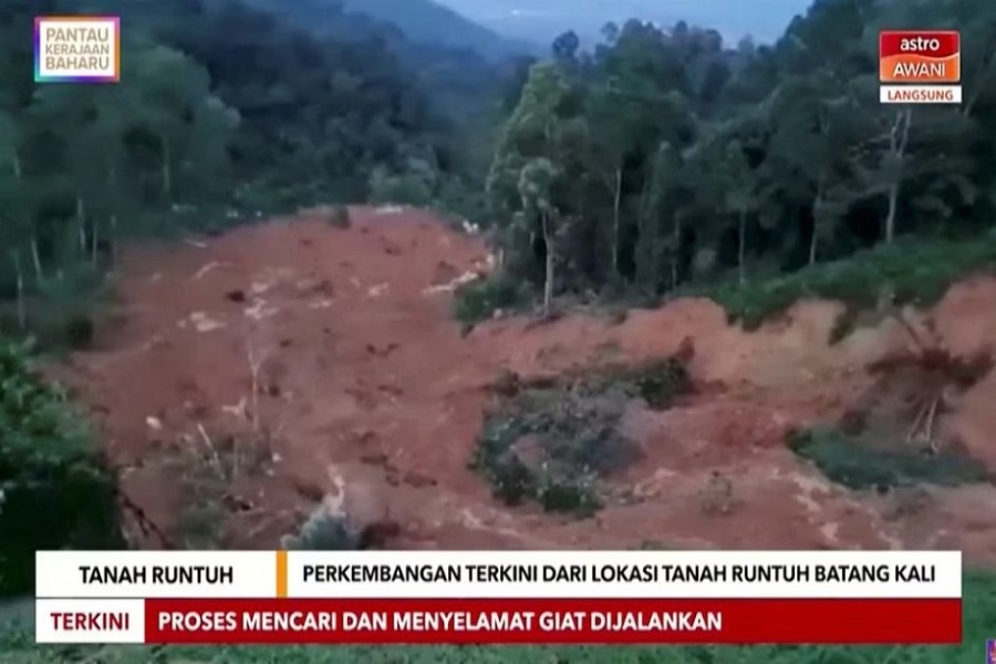 A view of the scene after a landslide in Batang Kali, Malaysia, December 16, 2022 in this still image taken from video. Astro Awani/via REUTERS TV/Handout via REUTERS