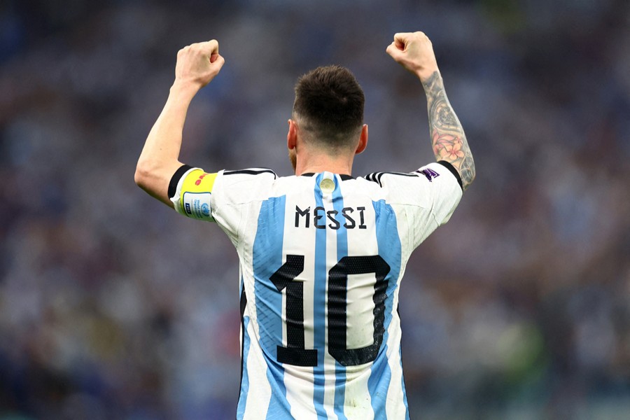 Argentina's Lionel Messi celebrates scoring their first goal in the first Semi Final of FIFA World Cup Qatar 2022 held between Argentina and Croatia at Lusail Stadium in Lusail, Qatar on December 13, 2022 — Reuters photo