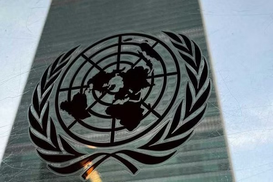 The United Nations headquarters building is pictured with a UN logo in the Manhattan borough of New York City, New York, US, Mar 1, 2022. REUTERS