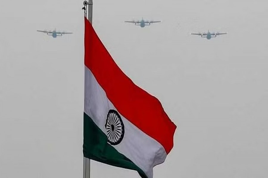 Indian Air Force aircrafts fly over Rajpath to show solidarity with frontline warriors fighting against the coronavirus disease (COVID-19) in New Delhi, India, May 3, 2020. Adnan Abidi/Reuters