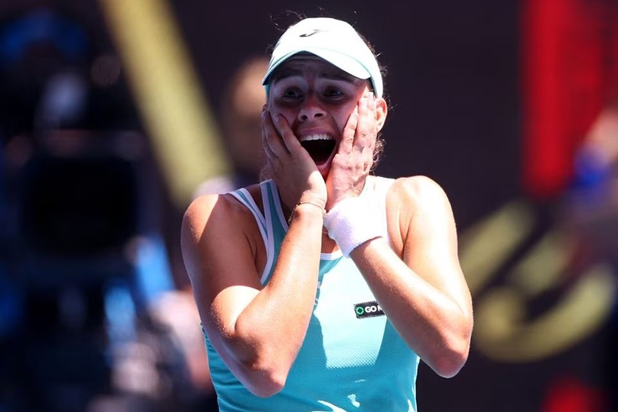 Poland's Magda Linette celebrates after winning her quarter final match of Australian Open against Czech Republic's Karolina Pliskova at Melbourne Park in Melbourne, Australia on January 25, 2023 — Reuters photo