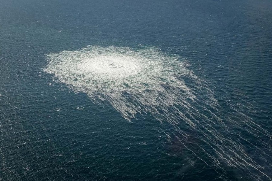 Gas bubbles from the Nord Stream 2 leak reaching surface of the Baltic Sea in the area shows disturbance of well over one kilometre diameter near Bornholm, Denmark, September 27, 2022. Danish Defence Command/Handout via REUTERS