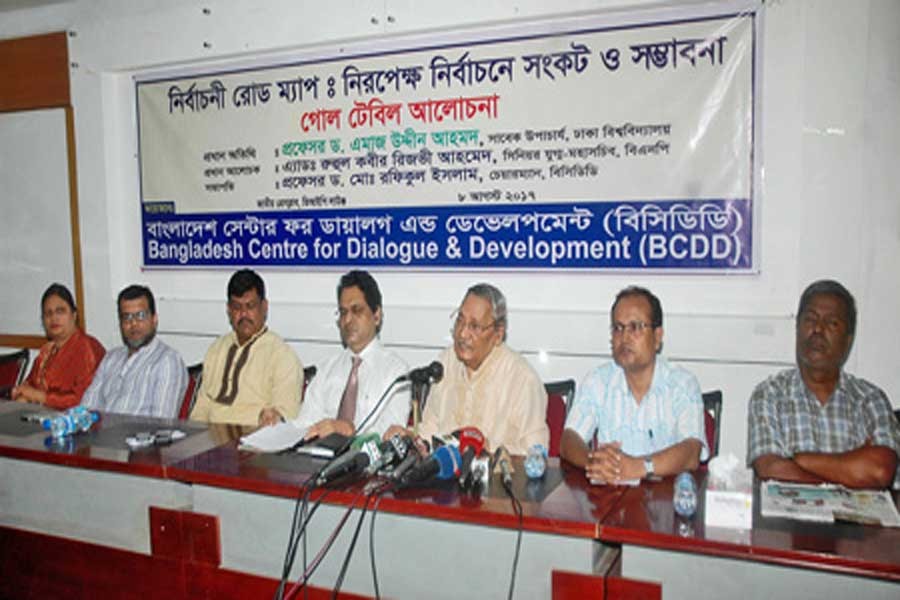 Prof Emajuddin Ahmed speaking at the discussion on 'The EC's roadmap and next election' organised by Bangladesh Centre for Dialogue and Development at the National Press Club in the city on Tuesday. — Collected
