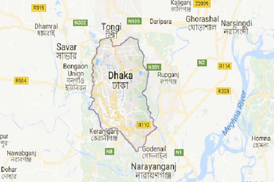 Google map showing Dhaka district.
