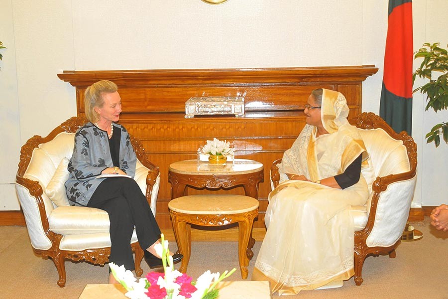 Acting Assistant Secretary of State for South and Central Asian Affairs Alice Wells calls on Prime Minister Sheikh Hasina on Wednesday at PMO. -Focus Bangla Photo