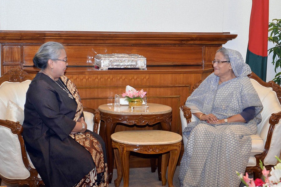 Newly appointed Indonesian Ambassador to Bangladesh Rina Prihtyasmiarsi Soemarno meets Prime Minister Sheikh Hasina at the latter’s office in capital Dhaka .