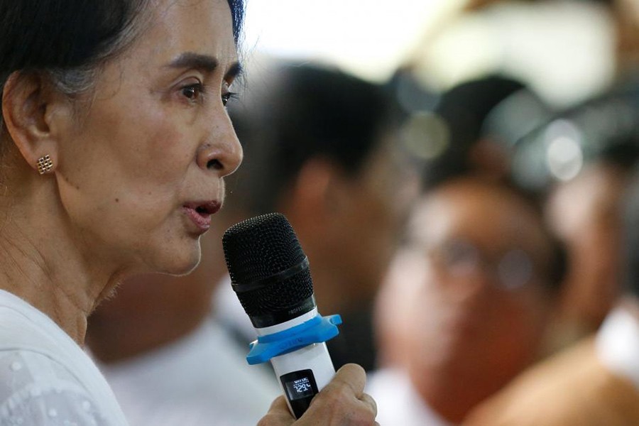 Myanmar State Counselor Aung San Suu Kyi gives a  speech. - File photo