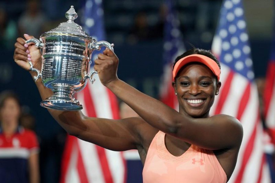 Sloan Stephens of the USA with the US Open Trophy after beating Madison Keys of the USA in the Women's Final in Ashe Stadium at the USTA Billie Jean King National Tennis Center. - Reuters