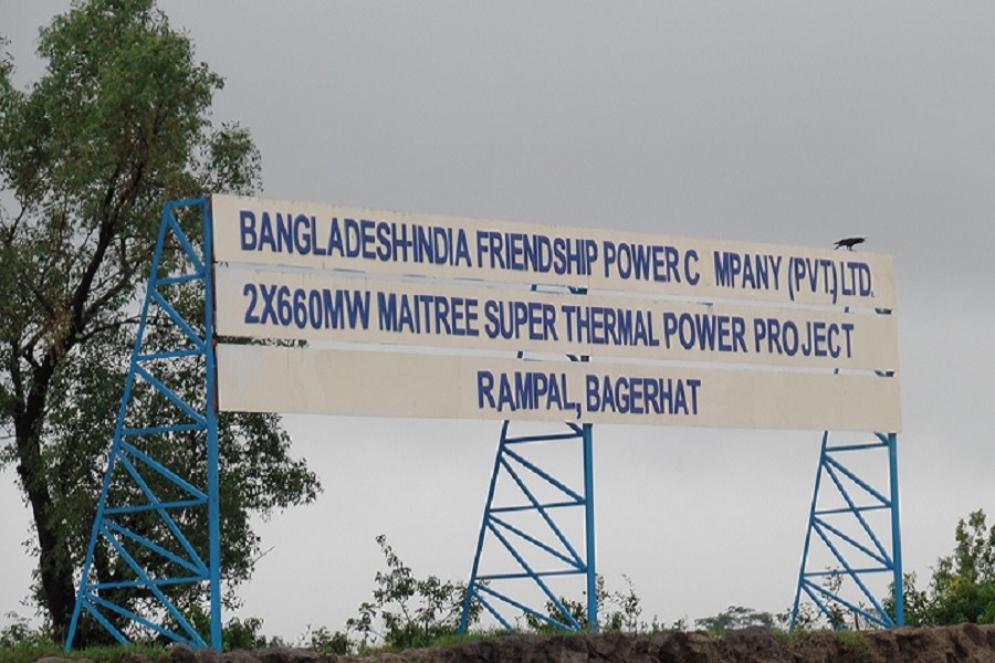 A sign board is seen near the Rampal power plant project at Rampal Upazila in the southwestern district of Bagerhat. Photo: Internet