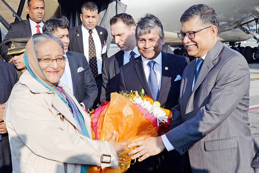 Prime Minister Sheikh Hasina was greeted by the Bangladesh Ambassador to US M Ziauddin and Bangladesh Permanent Representative to the UN Masud bin Momen (R). - Focus Bangla
