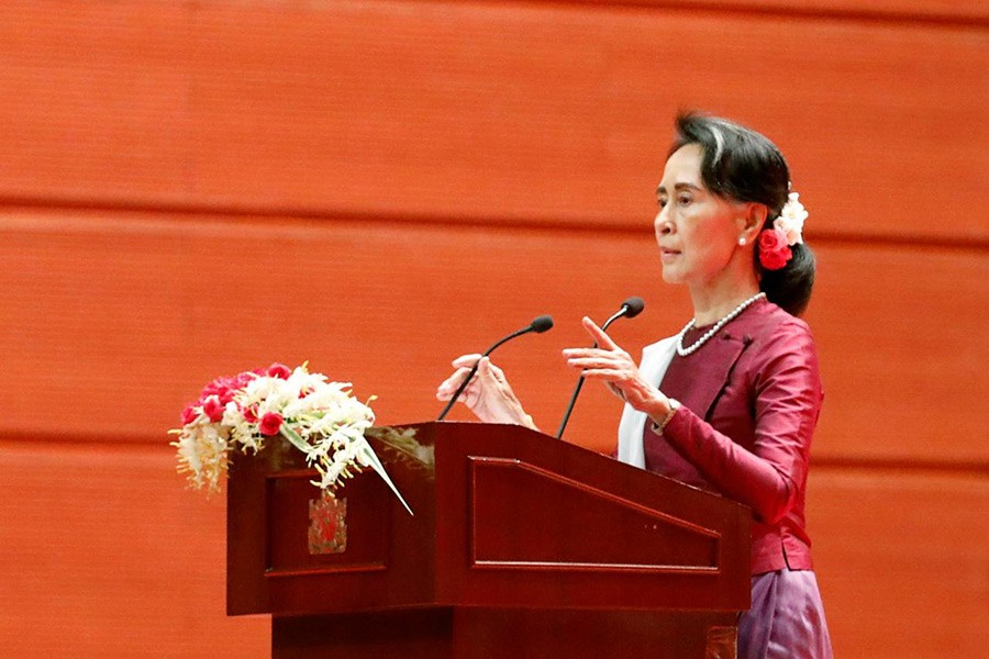 Myanmar State Counselor Aung San Suu Kyi arrives to deliver a speech to the nation over Rakhine and Rohingya situation, in Naypyitaw, Myanmar September on Tuesday. - Reuters photo