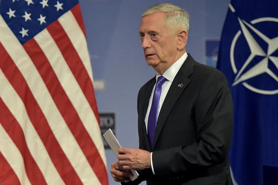 US Secretary of Defence Jim Mattis leaves a news conference after a NATO defence ministers meeting at the Alliance headquarters in Brussels, Belgium on June 29 last. - Reuters file photo