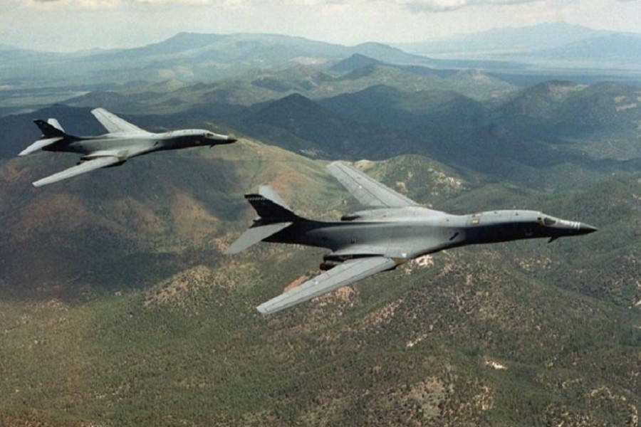 A pair of B-1B Lancer bombers soar over Wyoming in an undated file photo. US Air Force/Handout via Reuters