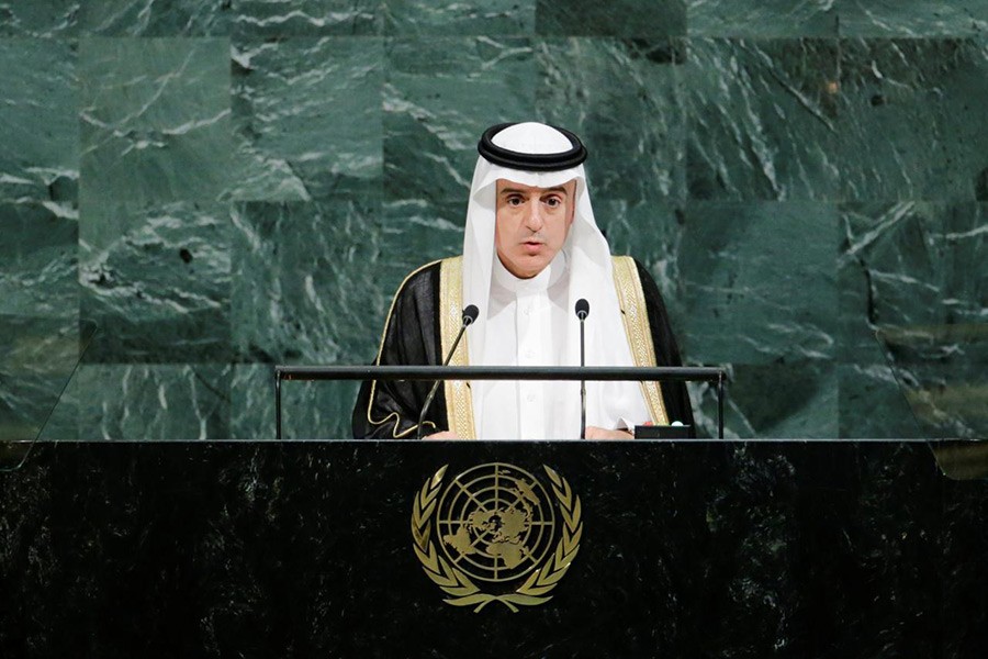 Saudi Arabia's Foreign Minister Adel bin Ahmed Al-Jubeir addresses the 72nd United Nations General Assembly at UN headquarters in New York, US on Saturday. - Reuters