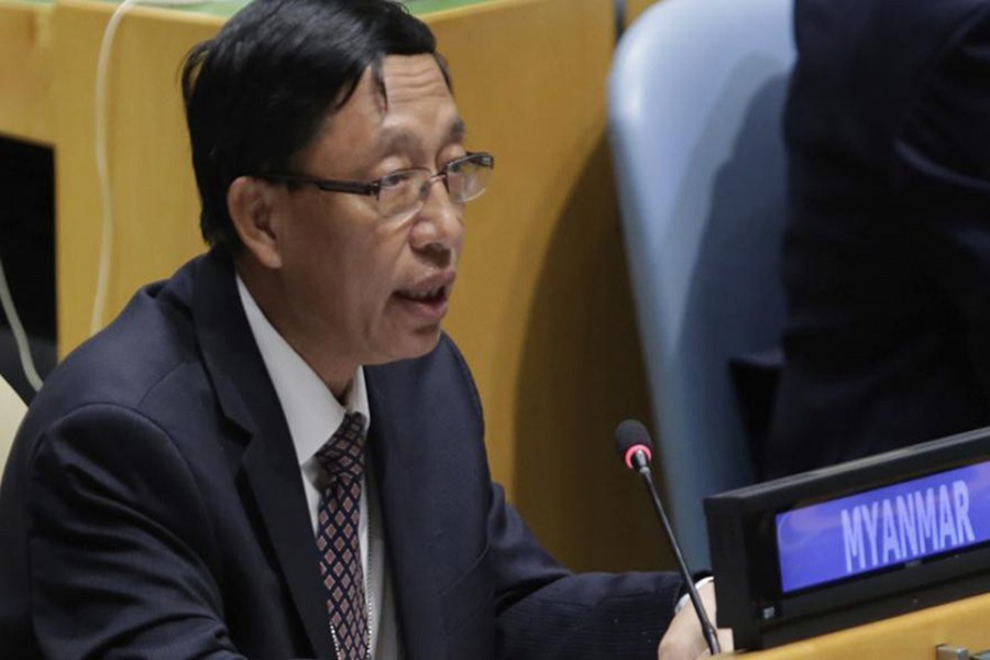 UN Ambassador Hau Do Suan of Myanmar exercises his right of reply in the United Nations General Assembly, at UN headquarters, Monday. - AP photo