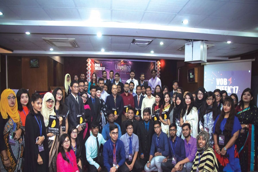 Voice of Business (VoB), a business club of the Faculty of Business Studies, University of Dhaka, unveils its eight issue in VoB week 2017. Guests, faculties and students are in the photo.