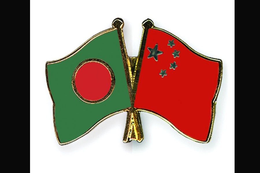 Bangladesh and China flags are seen cross-pinned symbolising friendship between the two nations. Photo: Internet