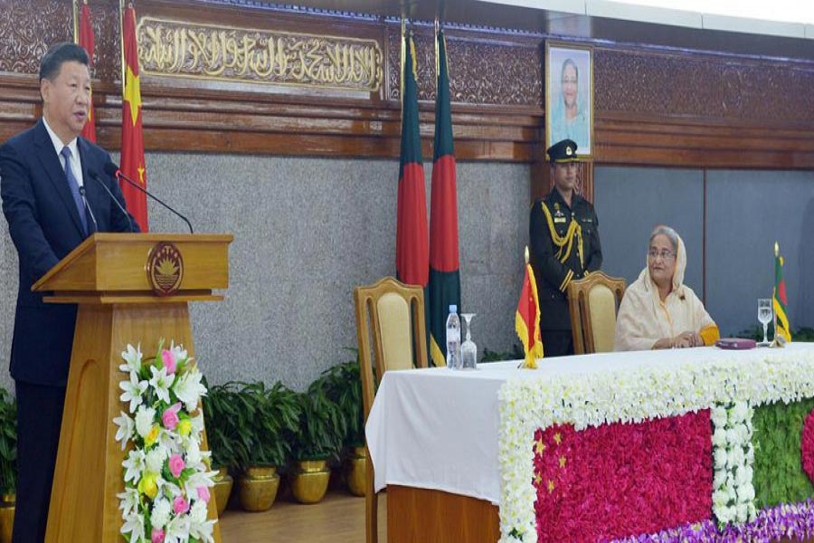 Chinese President Xi Jingping speaks at a meeting with Bangladesh Prime Minister Sheikh Hasina during the former’s Dhaka visit.