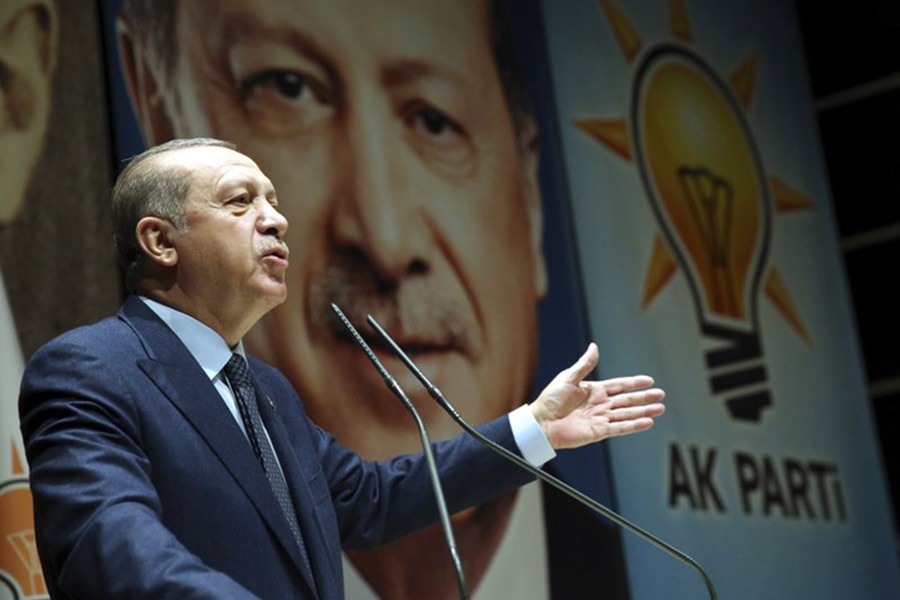 Turkey’s President Recep Tayyip Erdogan addresses the members of his ruling party in Ankara, Turkey on Friday. -AP Photo