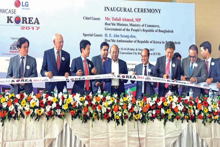 Commerce Minister Tofail Ahmed inaugurating Friday 'Showcase Korea 2017' organised by the Korea-Bangladesh Chamber of Commerce and Industry in Dhaka 	— FE Photo