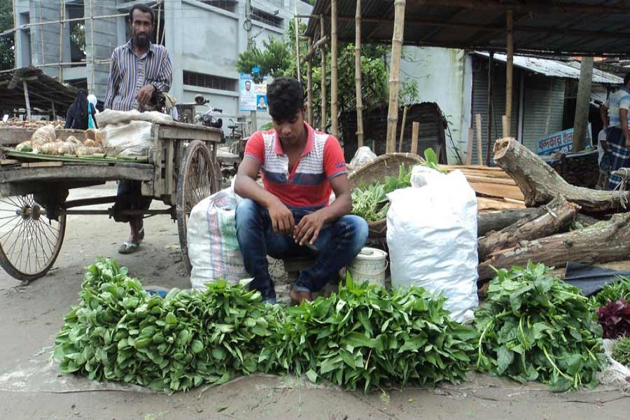A vendor waits for customers at the Goderpara kitchen market under Bogra Sadar on Thursday.  — FE Photo