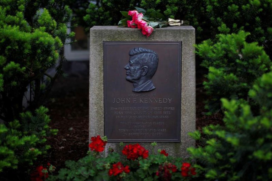 Roses lie on a marker outside the home where President John F. Kennedy was born 100 years ago on May 29, 1917, in Brookline, Massachusetts of US. -Reuters file photo