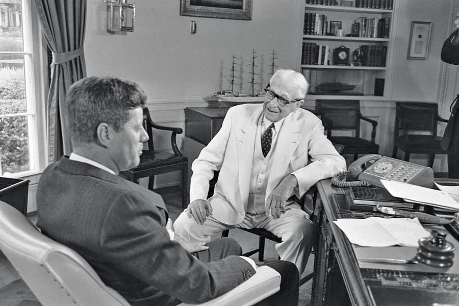 President Kennedy (left) confers with Bernard Baruch, 90-year-old New York            financier, at the White House on July 26, 1961.   — AP photo