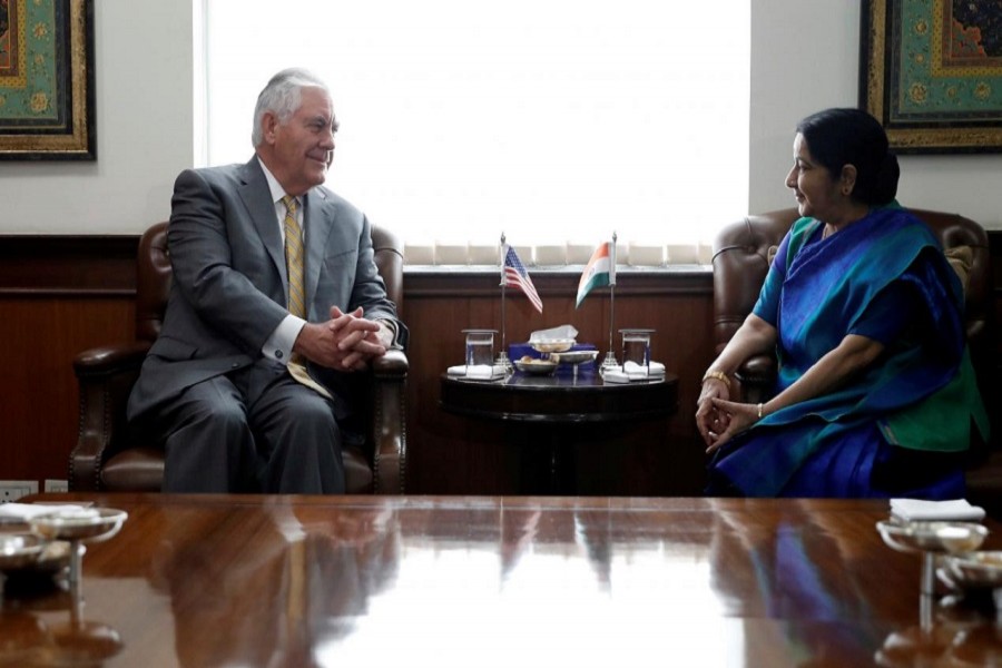 US Secretary of State Rex Tillerson meets his Indian counterpart, Sushma Swaraj, at the Indian Foreign Ministry in New Delhi, India, October 25, 2017. Reuters