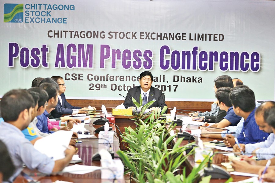 Chairman of Chittagong Stock Exchange (CSE) Dr. AK Abdul Momen addressing the post-AGM (annual general meeting) press briefing Sunday.