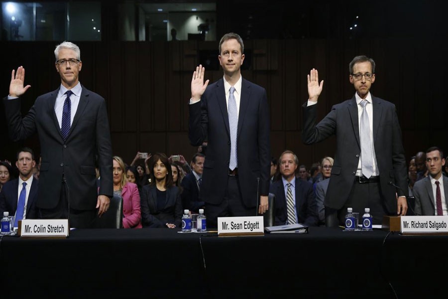 (L-R) Colin Stretch (Facebook), Sean Edgett (Twitter) and Richard Salgado (Google) are sworn in prior to testifying before the Senate hearing on Tuesday. Reuters Photo