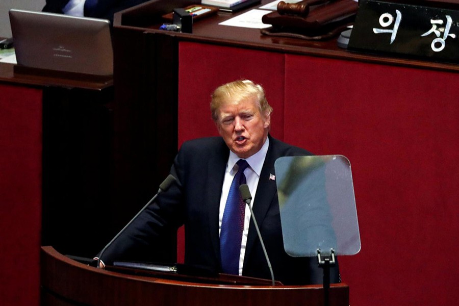 US President Donald Trump speaks at the South Korean National Assembly in Seoul, South Korea on Wednesday. - Reuters photo
