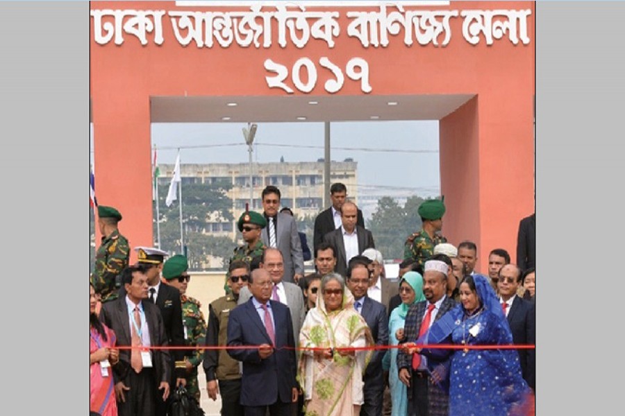 Prime Minister Sheikh Hasina has declared leather products the national 'Product of the Year' at the opening ceremony of the Dhaka International Trade Fair, 2017. —Photo: bdnews24.com