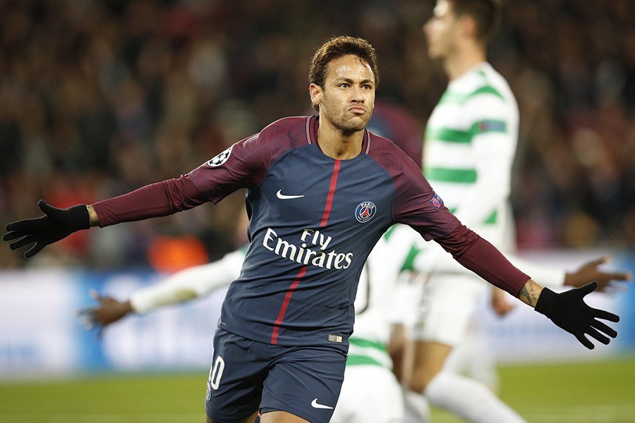 Neymar celebrates after scoring PSG’s second goal in their Champions League drubbing of Celtic. - AP photo