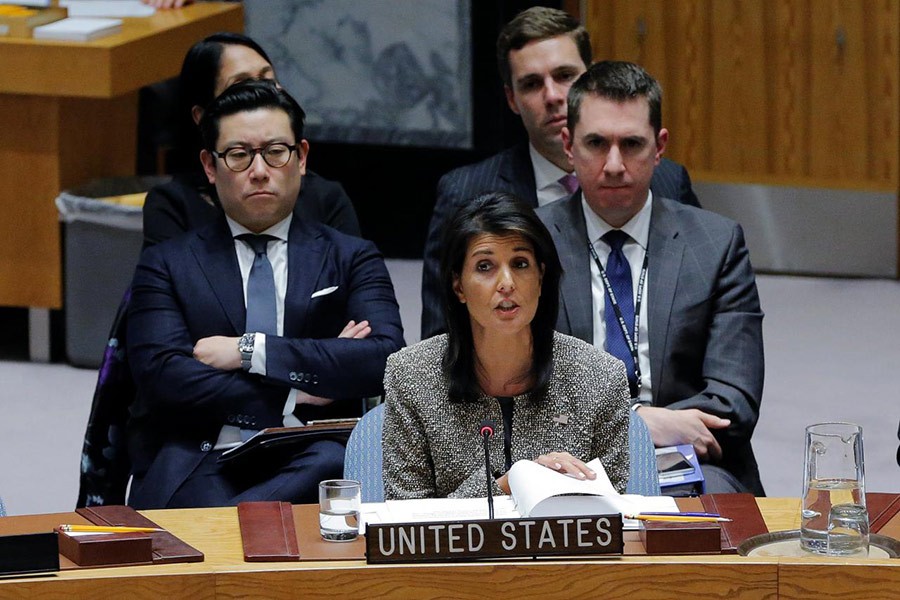 United States ambassador to the United Nations (UN) Nikki Haley speaks during a meeting of the UN Security Council to discuss a North Korean missile launch at UN headquarters in New York, US on Wednesday. - Reuters