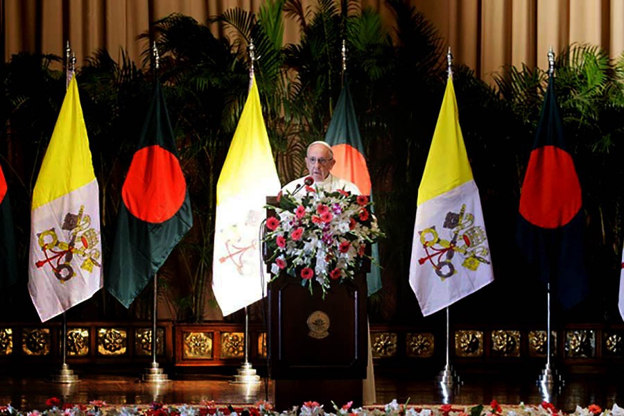 Pope Francis addresses a meeting at Bangabhaban in Dhaka on Thursday. Reuters Photo