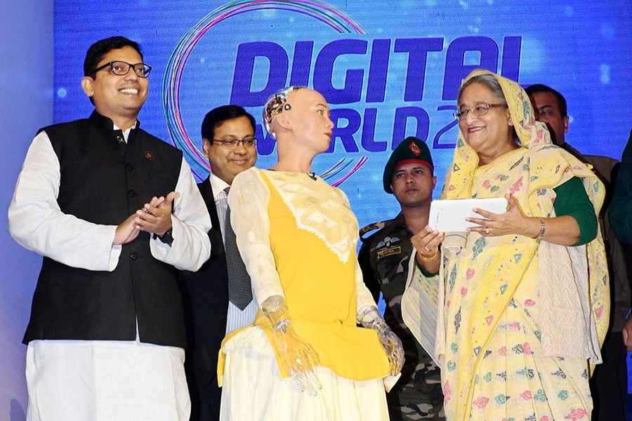 The humanoid robot 'Sophia' met Prime Minister Sheikh Hasina on Wednesday at the Digital World 2017, at BICC, Dhaka. - Focus Bangla photo