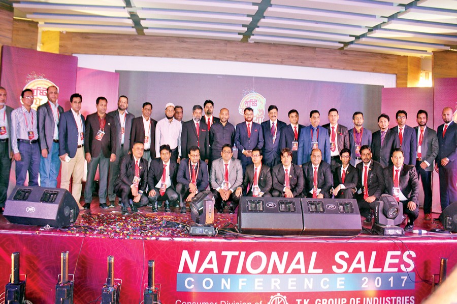 Director of T. K. Group Mohammed Mustafa Haider, Product Marketing Manager ASM Faizullah and others seen at the National Sales Conference 2017 of Pusti Consumer Division of T. K. Group of Industries in the capital recently.
