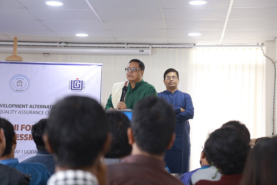 Prof Mujib Khan, founder and president of UODA, addresses alumni reunion of Communication and Media Studies department of UODA recently.