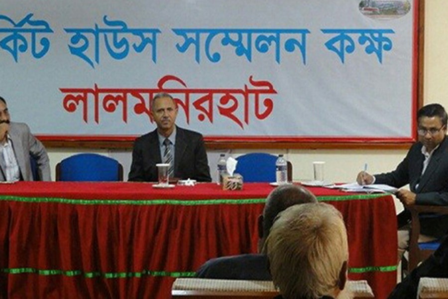 A three-member investigation team of the International Crimes Tribunal talks to victims  of the crimes against humanity committed during liberation war at a programme in Lalmonirhat on Sunday. FE Photo