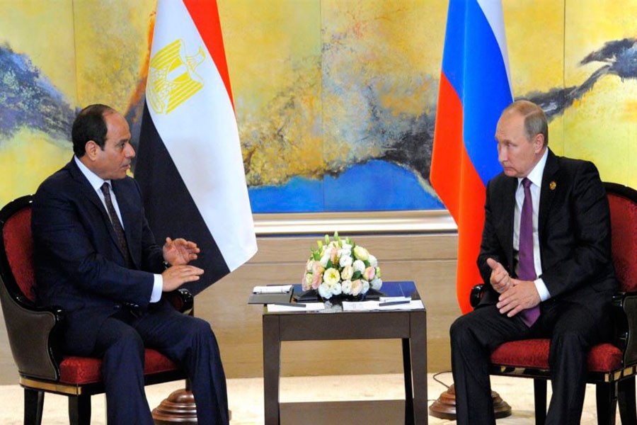 Russian President Vladimir Putin, right, and Egyptian President Abdel-Fattah el-Sissi hold a bilateral meeting on the sidelines of the BRICS Summit in Xiamen, Fujian province, China, Monday, Sept 4, 2017. (AP photo)
