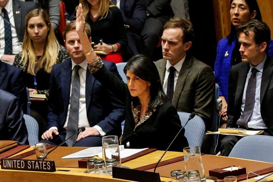 US Ambassador to the United Nations Nikki Haley vetoes an Egyptian-drafted resolution regarding recent decisions concerning the status of Jerusalem during a meeting at UN Headquarters in New York, US on Monday. - Reuters photo