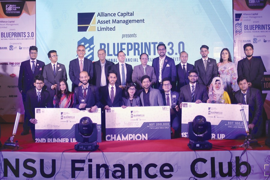 Winners of Blueprint 3.0, a financial modelling competition, held at North South Univeristiy, with the guests and organisers