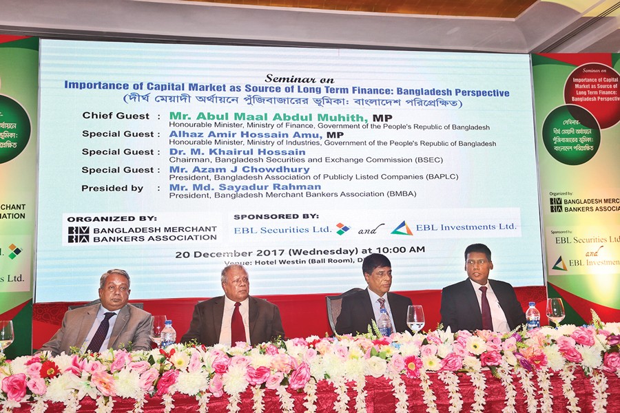 Guests seen in the seminar titled 'Importance of Capital Market as Source of Long Term Finance: Bangladesh Perspective', arranged by Bangladesh Merchant Bankers Association (BMBA)  Wednesday. 	— FE Photo