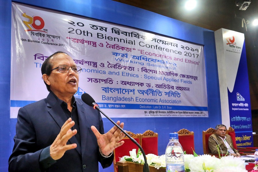 Former Bangladesh Bank Governor Prof Dr Atiur Rahman speaking at the 20th Biennial Conference of Bangladesh Economic Association at the auditorium of Institution of Diploma Engineers on Friday. — FE Photo