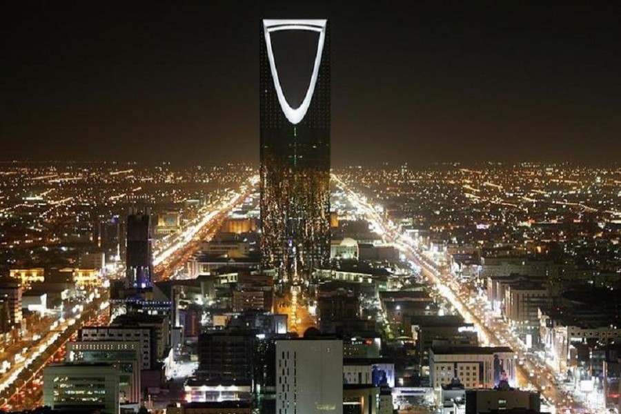 The Kingdom Tower stands in the night in Riyadh, in an undated file photo. Reuters